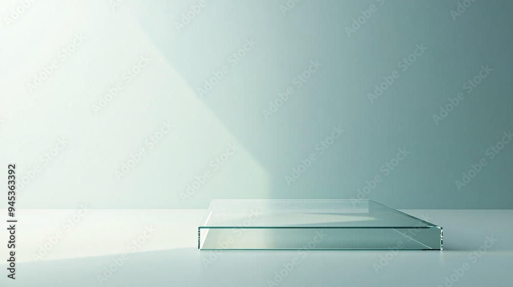 A glass podium with a reflective surface, standing on a minimalist platform with a simple, light-colored background A glass podium with a reflective surface, standing on a minimalist platform with a simple, light-colored background