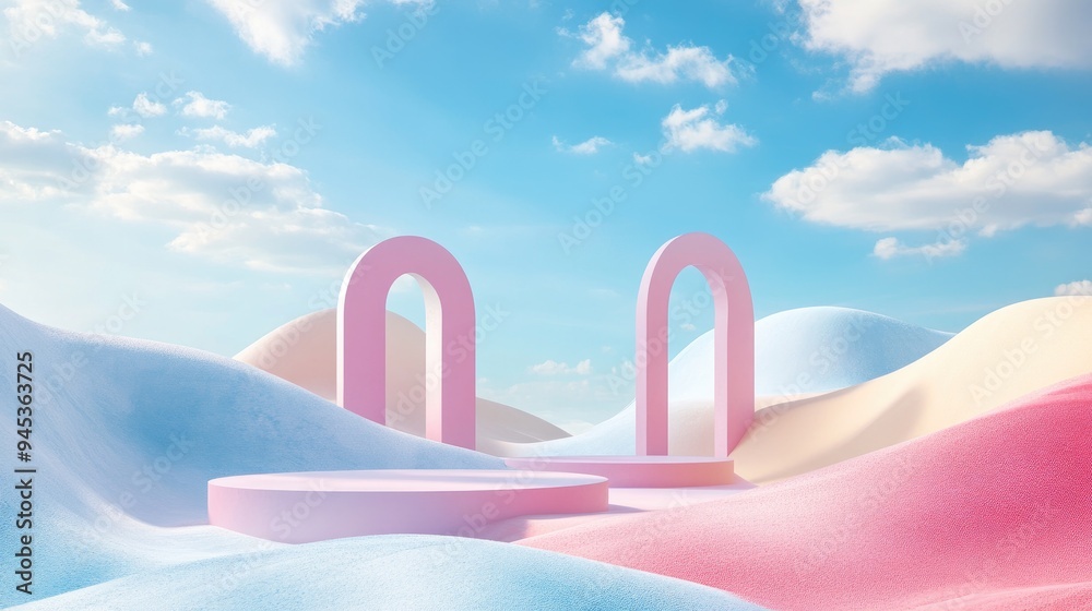 3D rendering of an abstract surreal pastel landscape featuring arches and podiums for product displays showcasing a panoramic view of colorful dunes beneath a blue sky with clouds ideal for minimal 3D rendering of an abstract surreal pastel landscape featuring arches and podiums for product displays showcasing a panoramic view of colorful dunes beneath a blue sky with clouds ideal for minimal