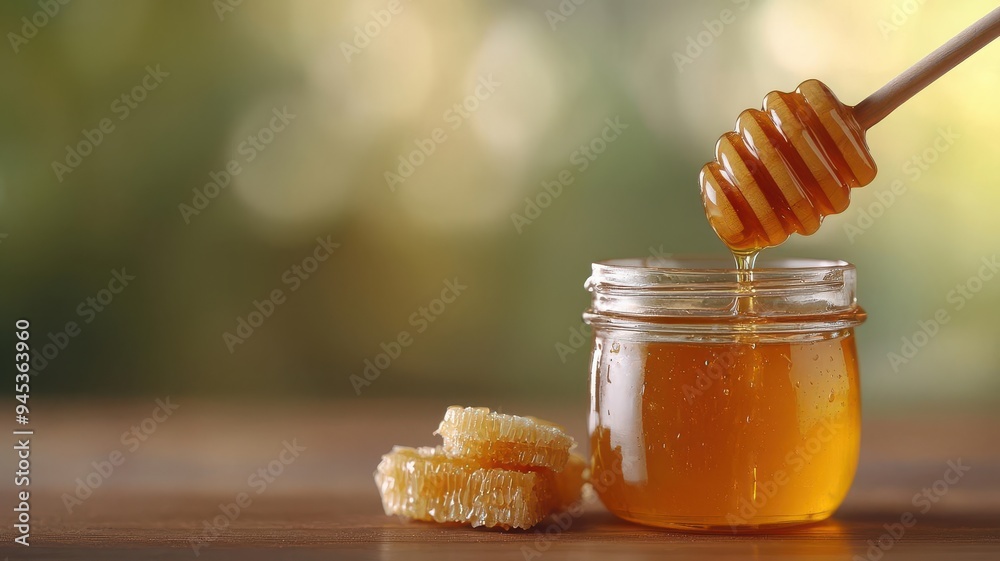Honey dipper dripping into a jar Honey dipper dripping into a jar