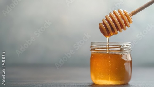 Honey dipper dripping into a jar