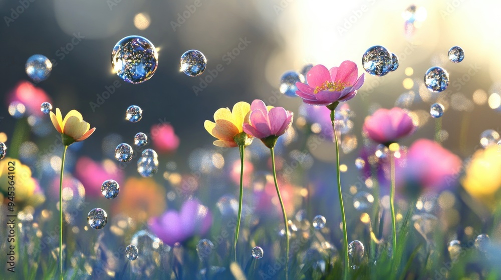 Abstract landscape depicting spring flowers with water bubbles in a 3D rendering