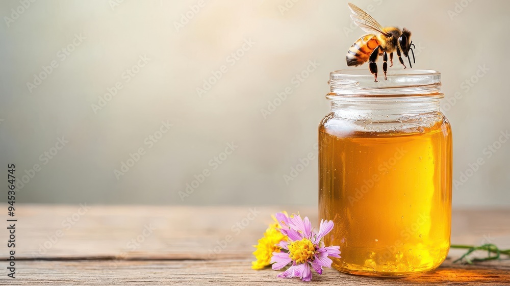 Honey jar with a bee and flowers Honey jar with a bee and flowers