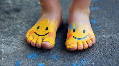 Happy Steps - Children's Feet with Smiley Face Painted on Toes photo