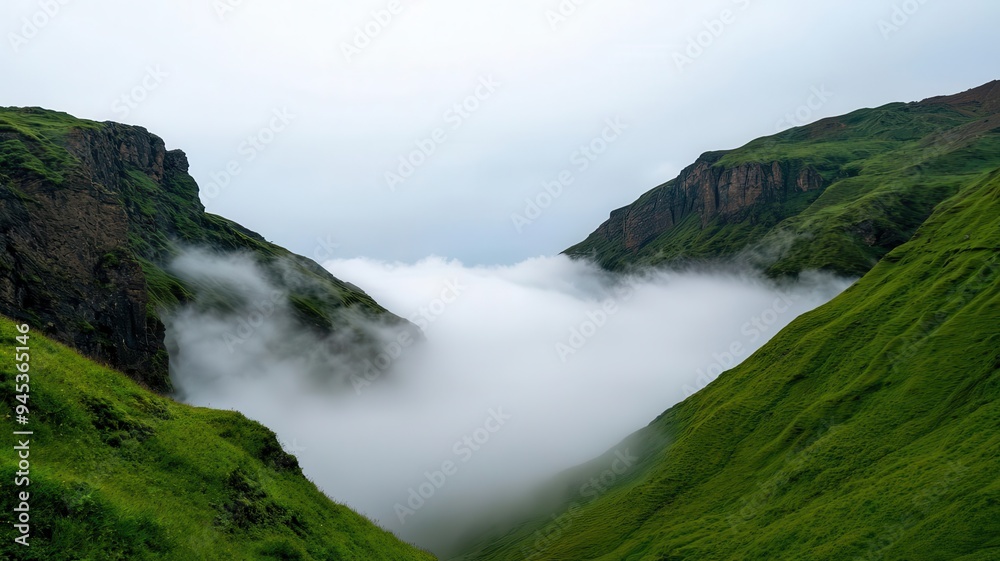 Fog rolling through a mountain pass, foggy weather, mysterious and silent Fog rolling through a mountain pass, foggy weather, mysterious and silent