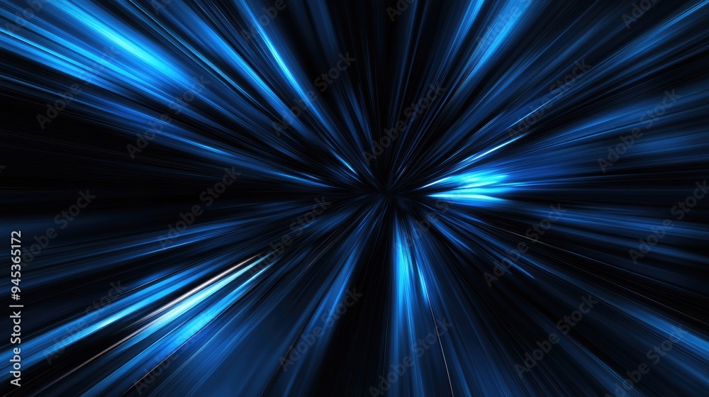 Abstract blurred radial zoom effect in shades of dark blue and light blue on a black backdrop featuring diverging and converging lines for a dynamic visual experience