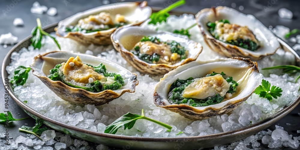 1. Freshly shucked oysters topped with wilted spinach, garlic butter, and parmesan cheese, served on a bed of ice, a realistic photo image.