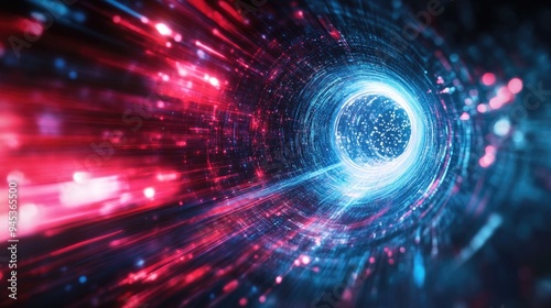 Abstract digital backdrop featuring red and blue lines with vibrant lights in motion A stargate created from blurred star lights symbolizes duality contrasting cold and hot facilitating information
