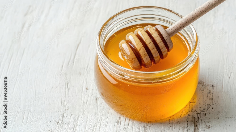 Honey jar with a wooden dipper Honey jar with a wooden dipper