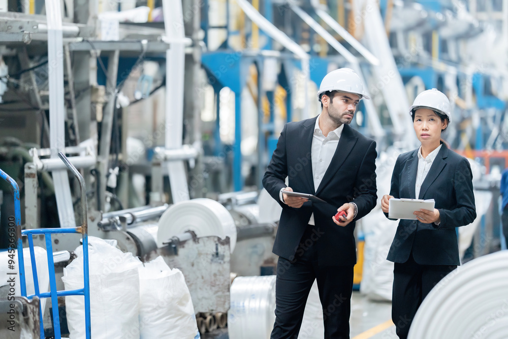 Male and female engineers work together on innovative projects to improve industrial machinery to increase efficiency and productivity across different sectors of a large company. Male and female engineers work together on innovative projects to improve industrial machinery to increase efficiency and productivity across different sectors of a large company.