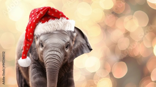 Adorable baby elephant wearing a Santa hat with a background of warm bokeh lights, creating a festive holiday scene. photo