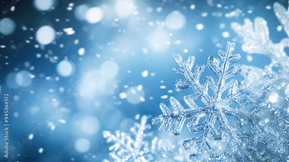 Blue background with a winter theme featuring falling snowflakes Blue background with a winter theme featuring falling snowflakes
