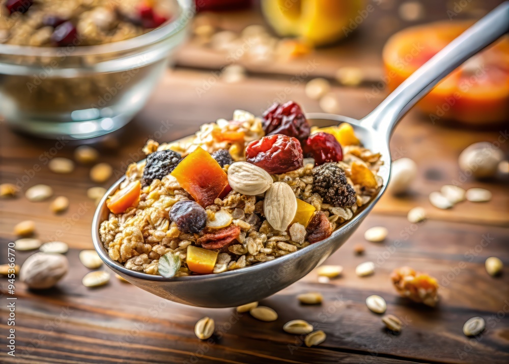 4. A spoonful of muesli with chia seeds and dried fruits held above a bowl, with a shallow depth of field to blur the background, a realistic photo image. 4. A spoonful of muesli with chia seeds and dried fruits held above a bowl, with a shallow depth of field to blur the background, a realistic photo image.