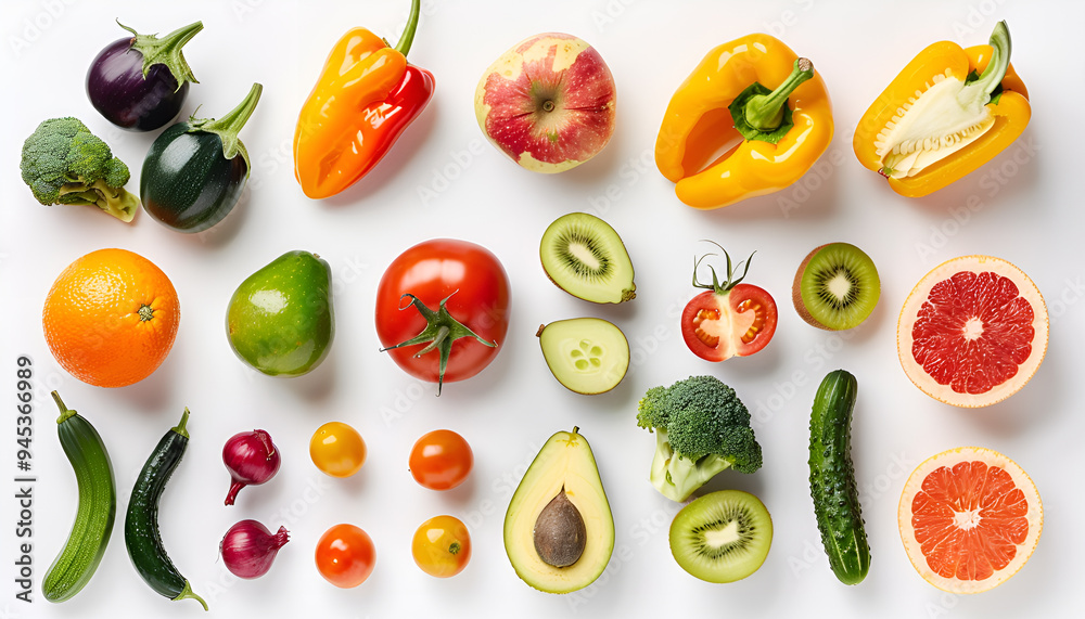 Healthy food background/studio photography of various fruits and vegetables on white background