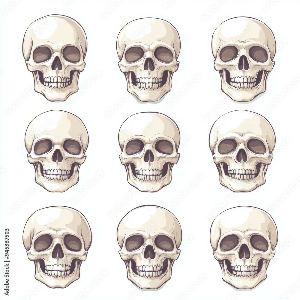 A grid of nine realistic skull illustrations on a plain background for educational purposes A grid of nine realistic skull illustrations on a plain background for educational purposes