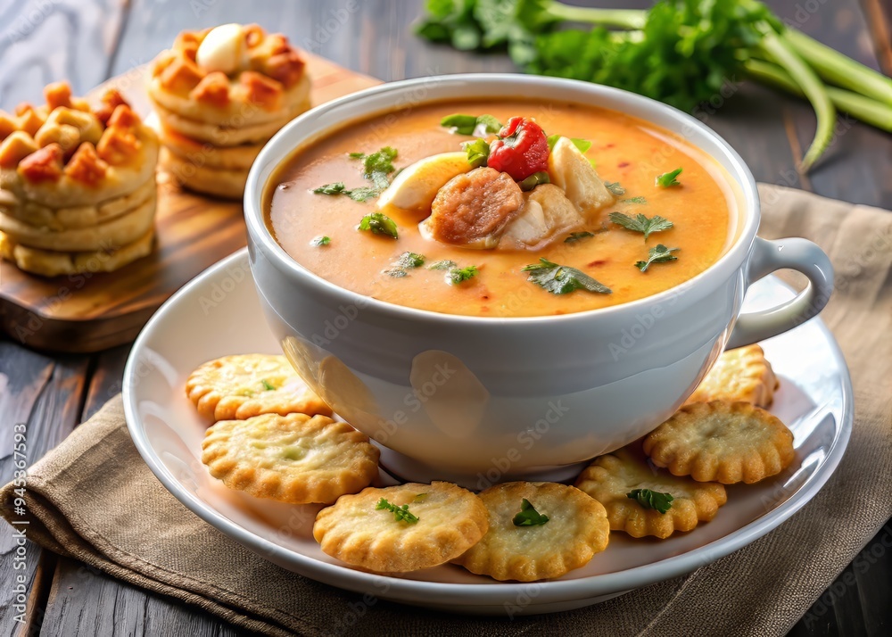 9. A warm and comforting cup of lobster and shrimp bisque, topped with a sprinkle of grated cheese and a side of oyster crackers, a realistic photo image. 9. A warm and comforting cup of lobster and shrimp bisque, topped with a sprinkle of grated cheese and a side of oyster crackers, a realistic photo image.