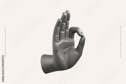 Buddha hand with halftone effect. Monochrome image of the hand of an ancient statue. Symbolic arrangement of fingers, ritual sign language.