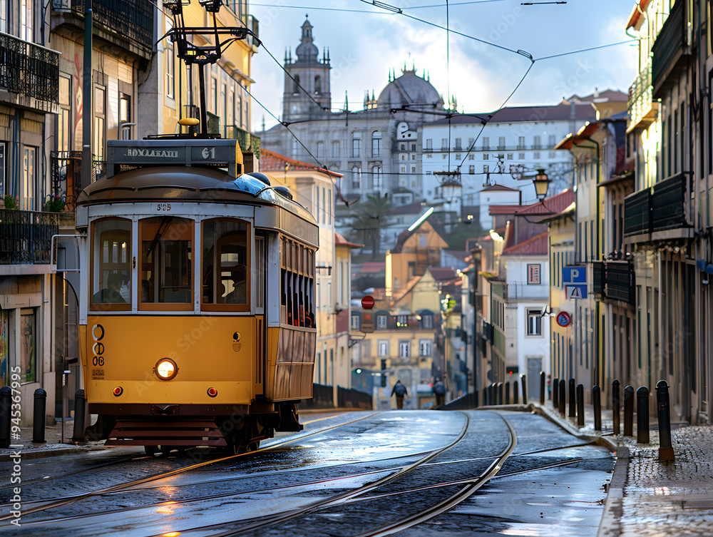 A historic city center with a tram traveling through, showcasing the ...
