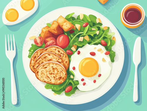 Delicious breakfast plate featuring eggs, salad, and toast, evoking sense of freshness and satisfaction. photo