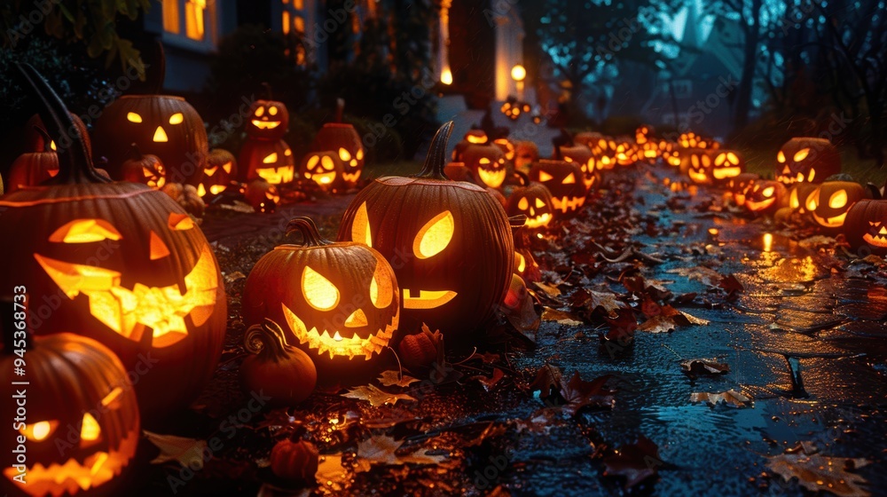Fototapeta premium Numerous jack-o'-lanterns light up a dark, leaf-covered path in a spooky and festive Halloween scene.