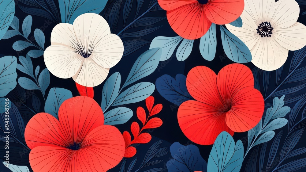 Stylized botanical illustration of wildflowers in bloom, contrasting red and blue hues, modern line art Stylized botanical illustration of wildflowers in bloom, contrasting red and blue hues, modern line art