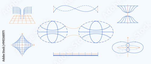 Diagrams, field interactions and wave patterns, illustrating concepts like flux, wave interference and force fields in physics. Science. Modern aesthetics, minimalist art. Vector design, cover, poster