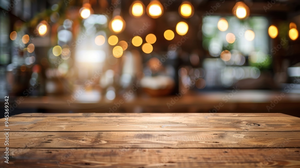 A rustic wooden table in a cozy café, illuminated by warm hanging lights, creating a welcoming atmosphere.