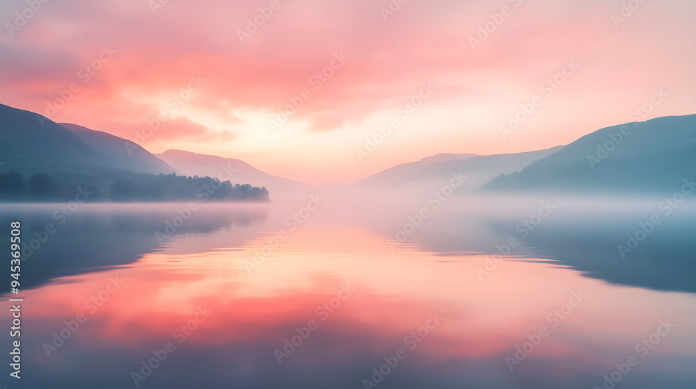 soft morning light reflects over calm lake with gentle pink and orange hues blending into serene misty landscape soft morning light reflects over calm lake with gentle pink and orange hues blending into serene misty landscape