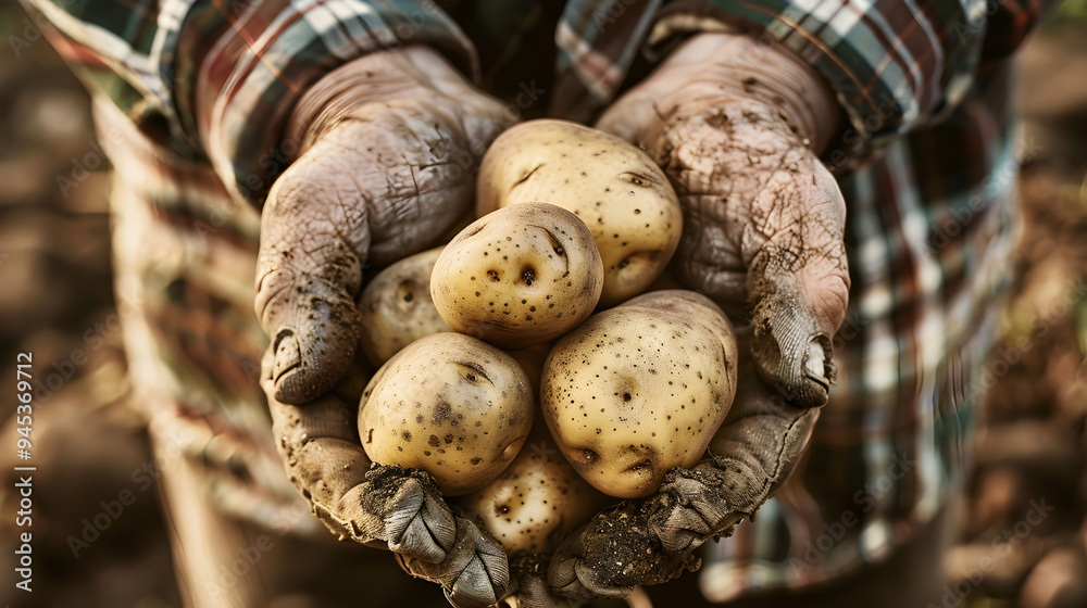 The image shows a pair of weathered hands cradling a group of freshly harvested potatoes, still speckled with soil, emphasizing their organic origin. The person is wearing a plaid shirt under a brown
The image shows a pair of weathered hands cradling a group of freshly harvested potatoes, still speckled with soil, emphasizing their organic origin. The person is wearing a plaid shirt under a brown