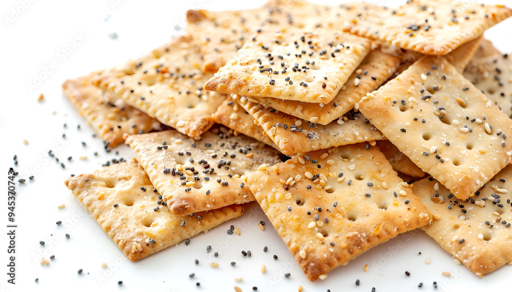 Delicious crispy crackers with poppy and sesame seeds isolated on white, top view Delicious crispy crackers with poppy and sesame seeds isolated on white, top view