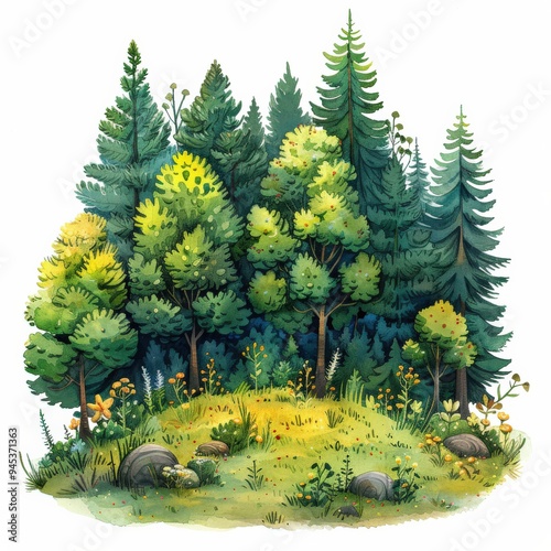 Watercolor illustration depicting a vibrant forest clearing with towering trees, blooming wildflowers, and a verdant grassy area