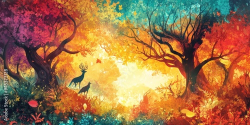 Vibrant autumn forest with deer under a colorful canopy and warm sunset glow