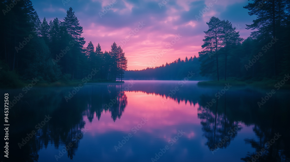 Beautiful nature landscape with calm river in shades of purple and pink set against a foggy background Beautiful nature landscape with calm river in shades of purple and pink set against a foggy background