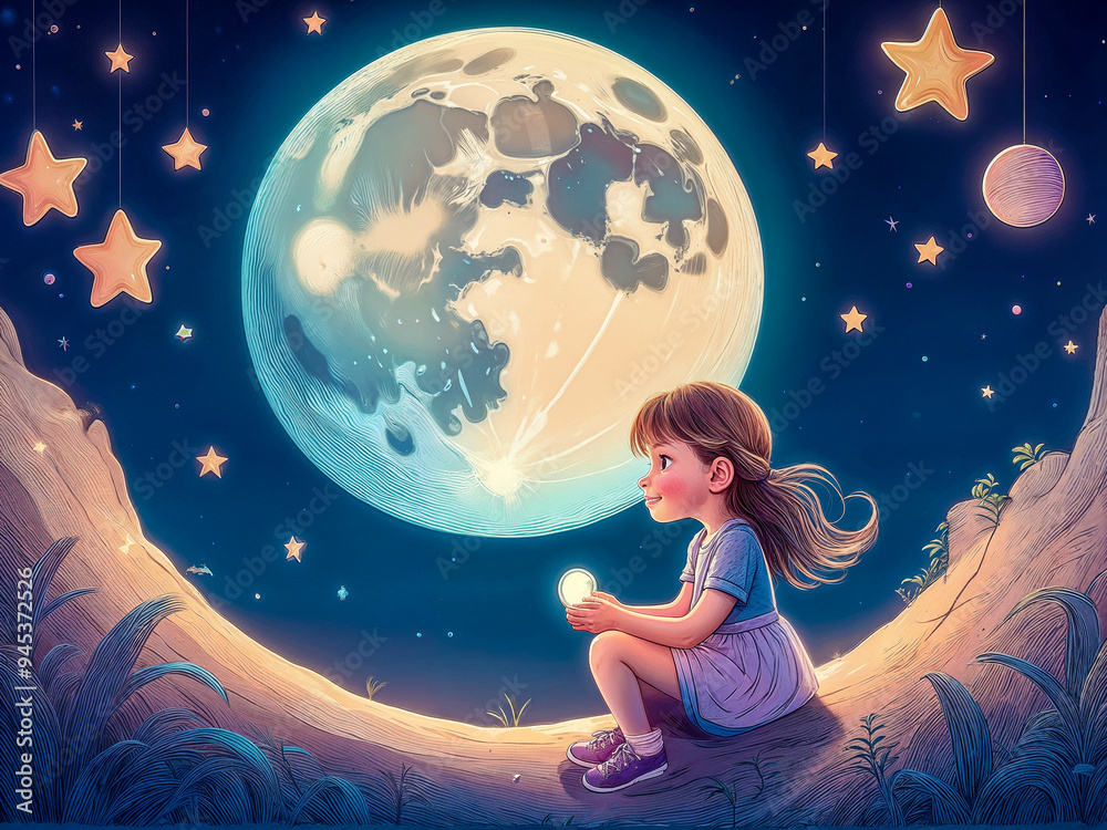 Dreamy fantasy illustration of a little girl sitting below the moon Dreamy fantasy illustration of a little girl sitting below the moon