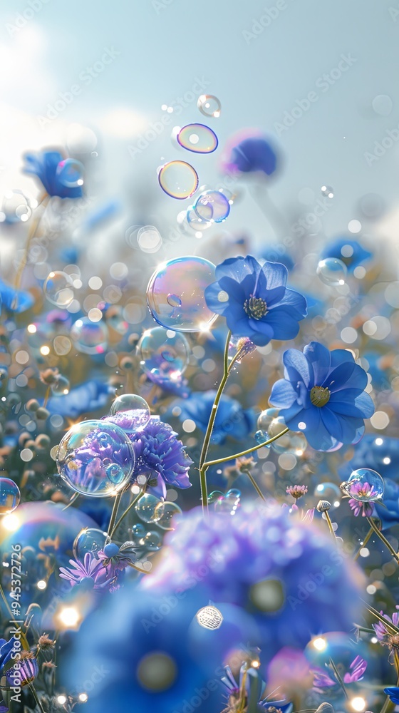 Soap bubbles floating towards a scenic nemophila field with a beautiful backdrop, creating a whimsical atmosphere with copy space image Soap bubbles floating towards a scenic nemophila field with a beautiful backdrop, creating a whimsical atmosphere with copy space image
