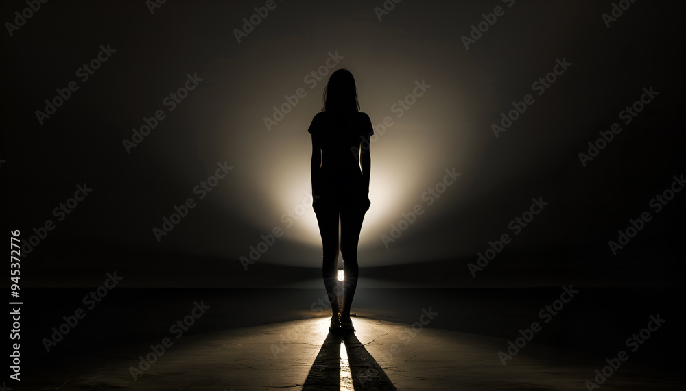woman standing in the spotlight. The wide frame. the whole woman is seen as a silhouette woman standing in the spotlight. The wide frame. the whole woman is seen as a silhouette