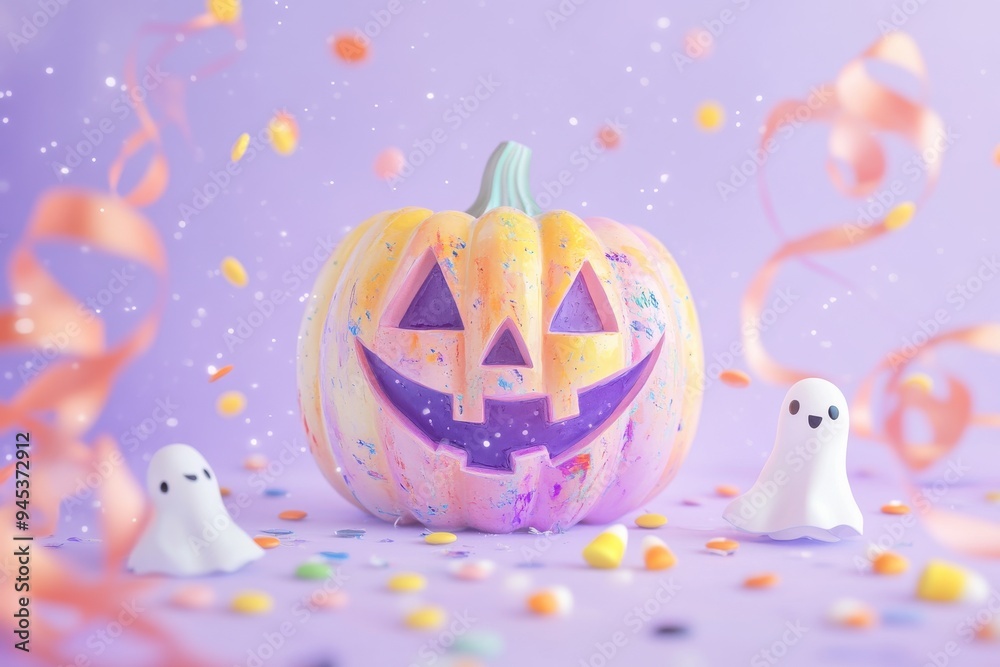 Whimsical jack-o'-lantern with ghosts and candy celebrating Halloween in pastel colors Whimsical jack-o'-lantern with ghosts and candy celebrating Halloween in pastel colors