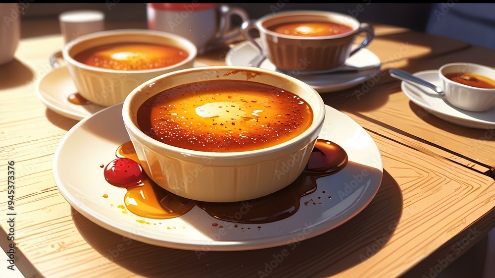 Indulge in the exquisite decadence of Creme Brulee, artfully served on a wooden table. Indulge in the exquisite decadence of Creme Brulee, artfully served on a wooden table.