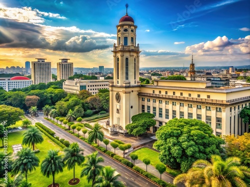 Historic clock tower stands tall amidst lush greenery and neoclassical architecture, showcasing Manila City Hall's grandeur and rich cultural heritage amidst urban landscape. photo