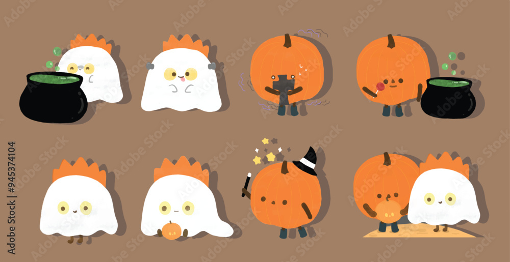 Fototapeta premium Halloween ghosts and pumpkins set vector illustration