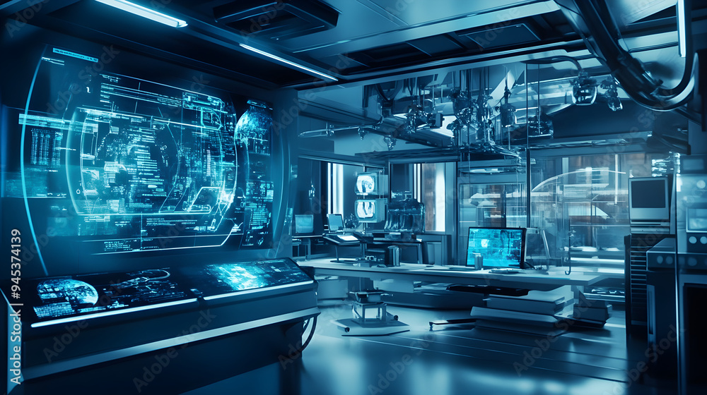 A futuristic lab features advanced holographic displays, sleek workstations, and a high-tech atmosphere conveying innovation and cutting-edge technology