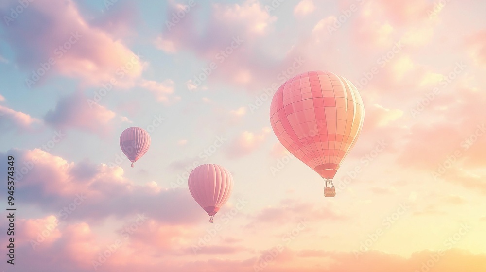 Fototapeta premium Hot air balloons soar above a sea of fluffy pink clouds during a serene sunrise.