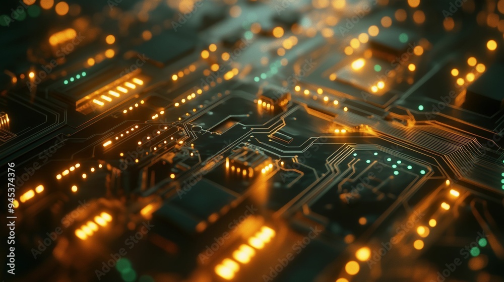 Abstract close-up of illuminated circuit board with glowing lights. Abstract close-up of illuminated circuit board with glowing lights.