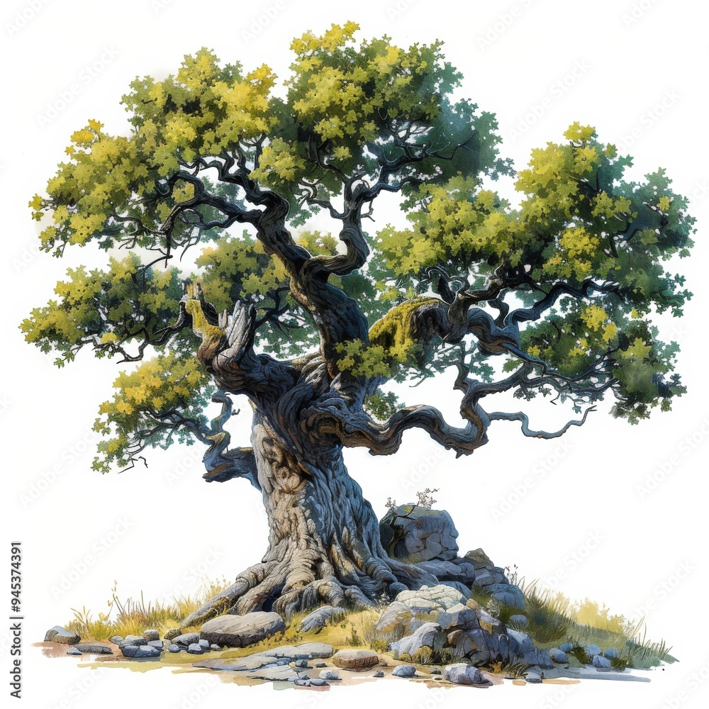 A detailed illustration of a large oak tree with a thick, gnarled trunk, standing in a grassy meadow. The tree has lush green foliage and the sunlight shines through its branches A detailed illustration of a large oak tree with a thick, gnarled trunk, standing in a grassy meadow. The tree has lush green foliage and the sunlight shines through its branches