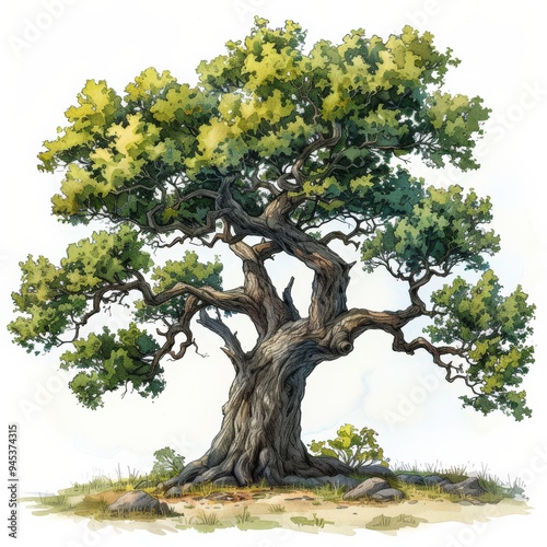 Detailed watercolor of ancient oak tree with thick, gnarled branches & lush green canopy. Alone against white background, its the focal point