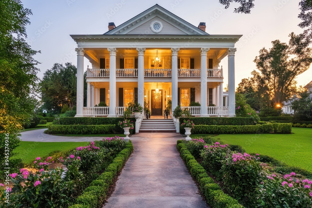 A grand two-story house with columns, surrounded by manicured gardens and flowers. A grand two-story house with columns, surrounded by manicured gardens and flowers.