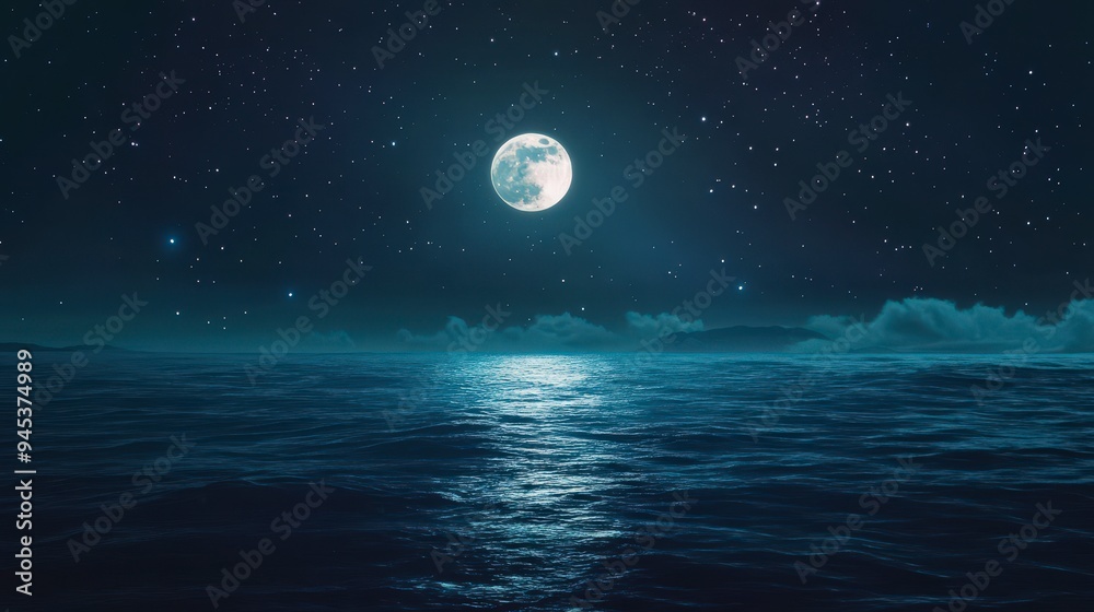 A serene night scene featuring a bright moon reflecting on calm ocean waters under a starry sky. A serene night scene featuring a bright moon reflecting on calm ocean waters under a starry sky.