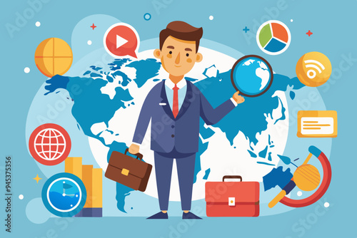 Global world economic analysis, international work opportunity, oversea research or investment country risk, region or foreign career searching concept, businessman analyze global world business.
