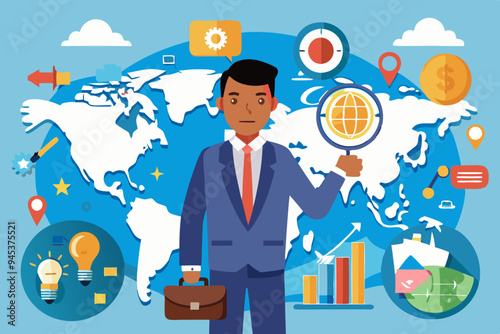 Global world economic analysis, international work opportunity, oversea research or investment country risk, region or foreign career searching concept, businessman analyze global world business.
