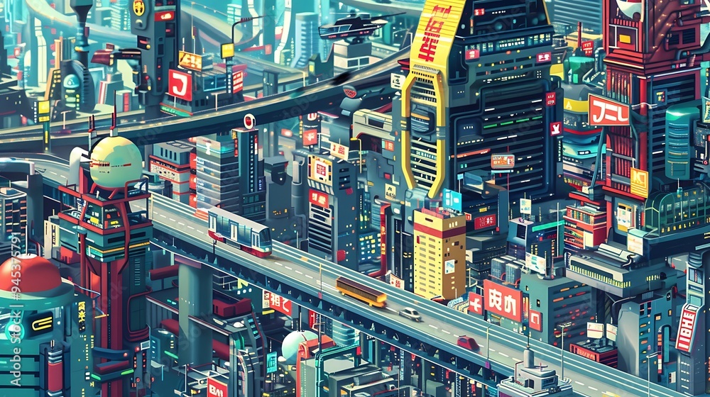 Obraz premium Futuristic Cityscape with Elevated Highways and a River