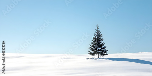 A serene winter landscape features a solitary Christmas tree standing in a blanket of fresh snow under a clear blue sky photo